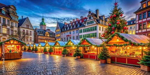 Empty Christmas market with colorful stalls and decorations photo