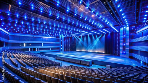 Empty auditorium with blue LED screens and light decorations © artsakon