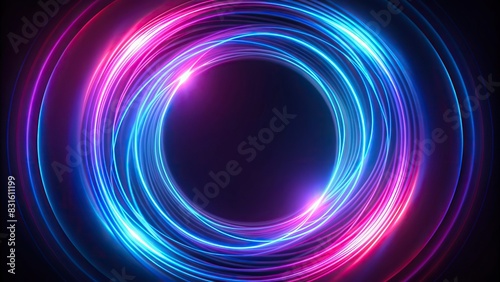 Round frame made of dynamic neon curved lines in blue and purple on a background