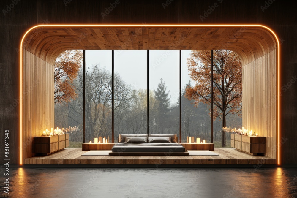 Fototapeta premium Luxurious modern living room with panoramic forest view, warm lighting, and elegant decor, creating a serene and inviting atmosphere