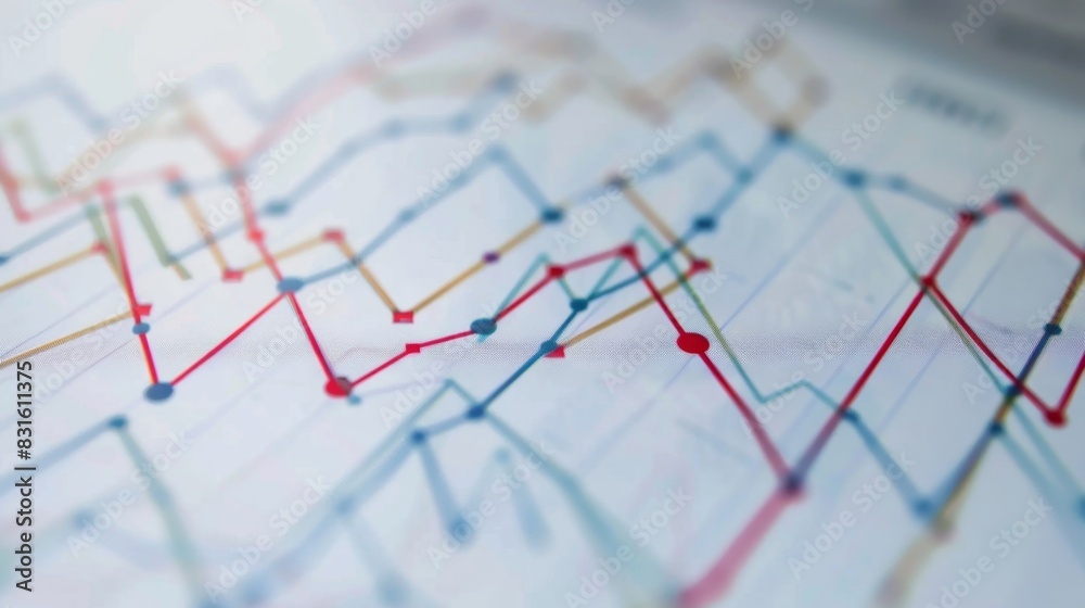 A line chart with multiple trend lines being analyzed by economists in order to forecast future market trends. A line chart with multiple trend lines being analyzed by economists in order to forecast future market trends.