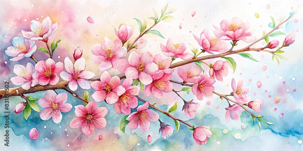 Beautiful watercolor sakura cherry blossom clip art with background