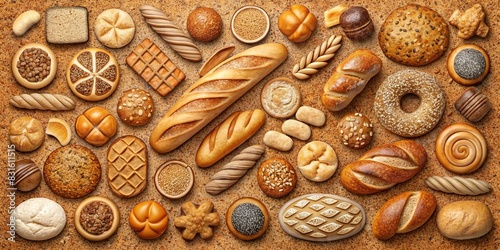 A set of various types of bread icons with cork pattern background