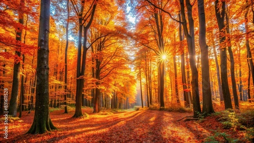 Vibrant orange autumn forest bathed in sunlight