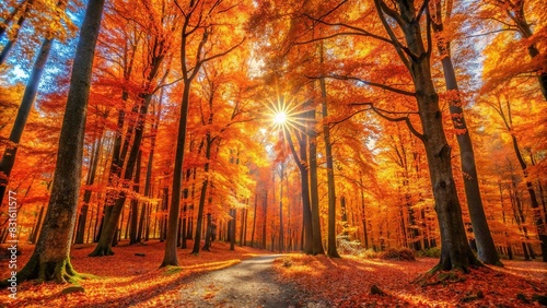 Vibrant orange autumn forest bathed in sunlight