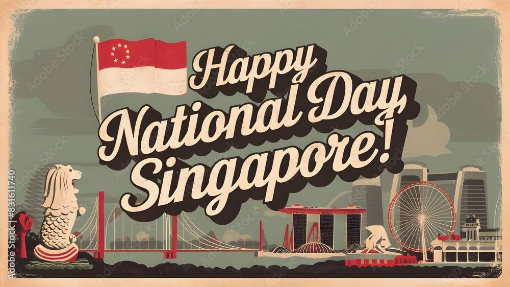 Celebratory poster for Singapore National Day, vintage style, muted colors, retro typography