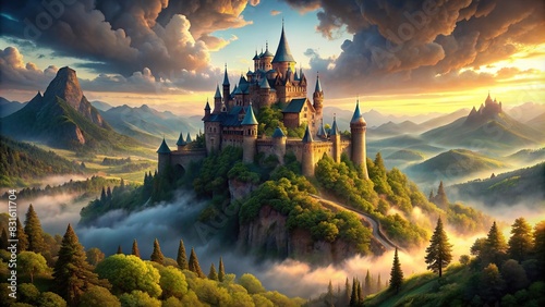 Majestic castle perched atop a hill in a fantasy landscape with no people photo