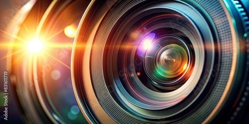 Closeup of professional video camera lens with lens flare, filmmaking and videography concept photo