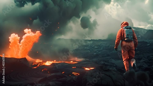 Volcanologist Observing Erupting Volcano Up Close with Ai generated.
  photo