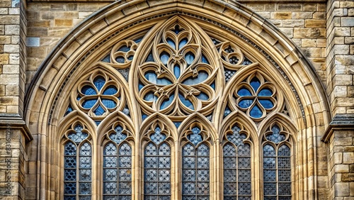 Tall gothic window with intricate stone tracery photo