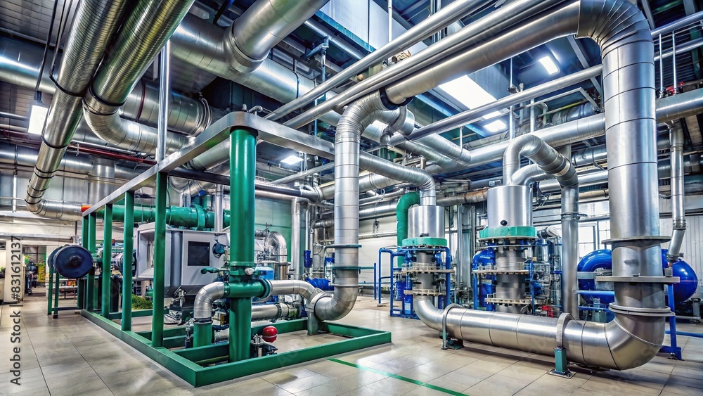Industrial interior of a modern boiler room with pipes and ventilation