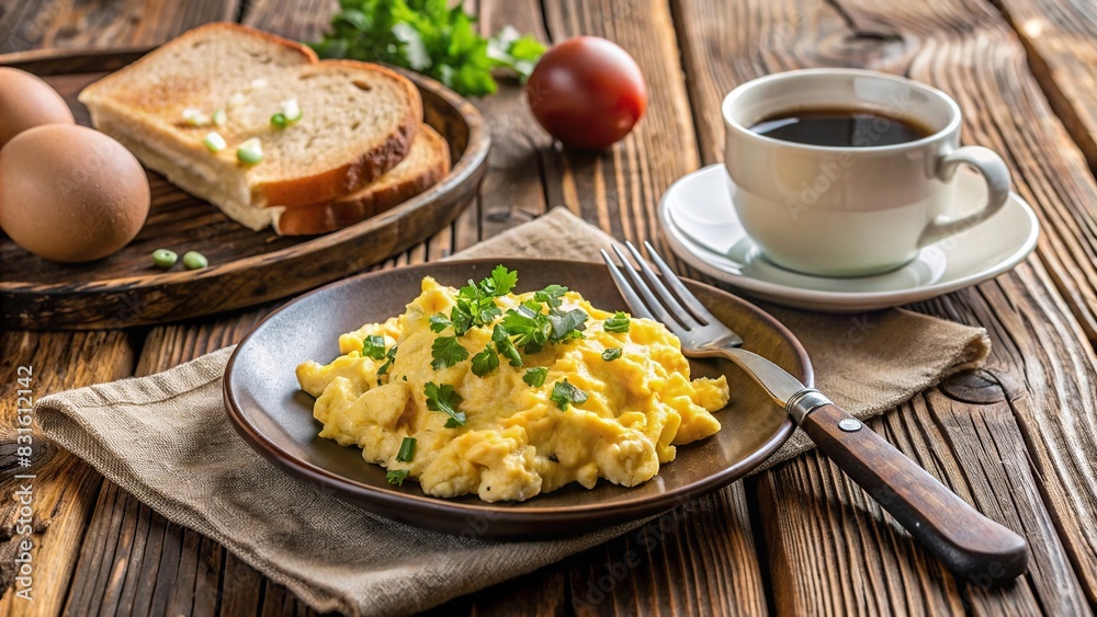 Scrambled eggs and coffee on a rustic wooden table
