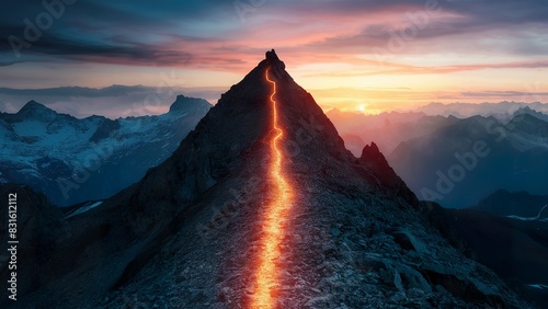 A path to success, depicted as a glowing climbing route leading to the peak of a mountain photo