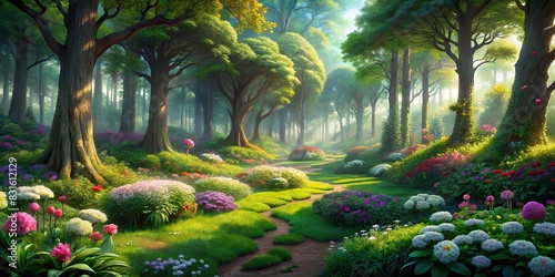 Lush fantasy forest with thick green grass and blooming flowerbed photo