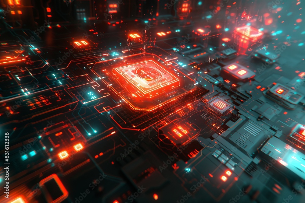 abstract illustration cyber circuit future mother board technology concept with glowing color dots, board future scifi technology with line isolated in dark background abstract illustration cyber circuit future mother board technology concept with glowing color dots, board future scifi technology with line isolated in dark background