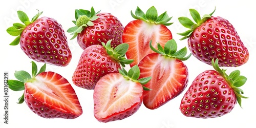 Strawberries in various angles and cuts isolated on background for graphic design