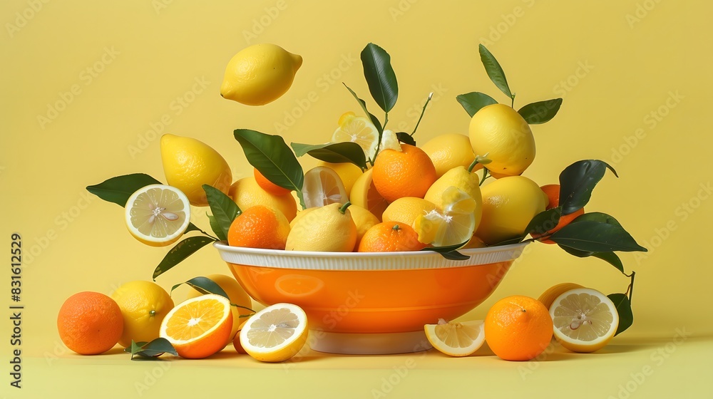 Ripe juicy lemons, orange and green leaves on bright yellow background. Ripe juicy lemons, orange and green leaves on bright yellow background.