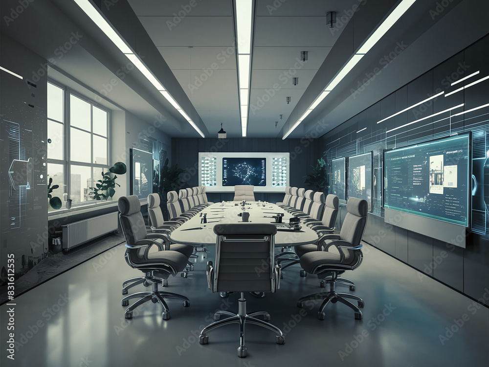 Modern conference room, large oval table, ergonomic chairs. Advanced technology, multiple digital screens, futuristic design. Modern conference room, large oval table, ergonomic chairs. Advanced technology, multiple digital screens, futuristic design.