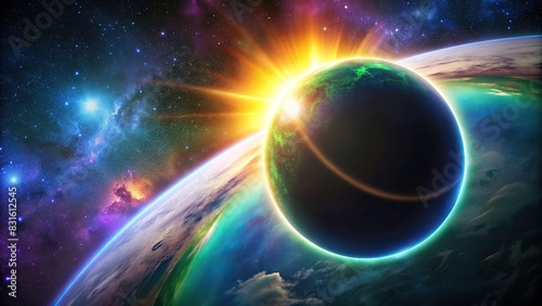 Solar eclipse overlay effect with neon blue, yellow, green, purple blazing star edge behind planet in dark sky photo