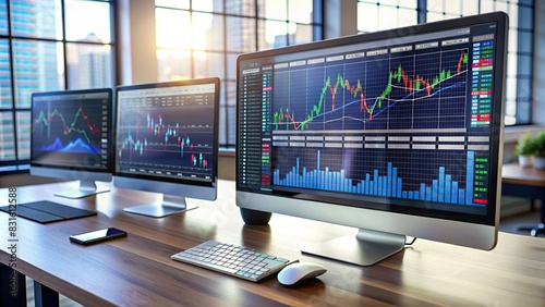 Compelling visual of stock market trading platform charts and exchange graphs on a PC screen