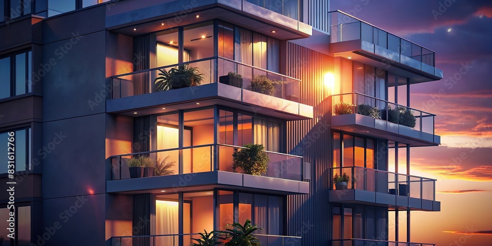 Modern apartment building facade with clear glass balconies and a single potted plant, bathed in the warm glow of sunset, reflecting a contemporary urban living space and real estate concept