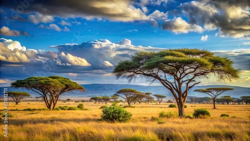 African savannah landscape with acacia trees and sky photo
