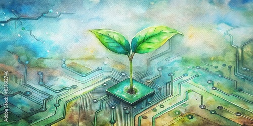 Green plant growing on computer circuit board  representing innovation and sustainability in technology