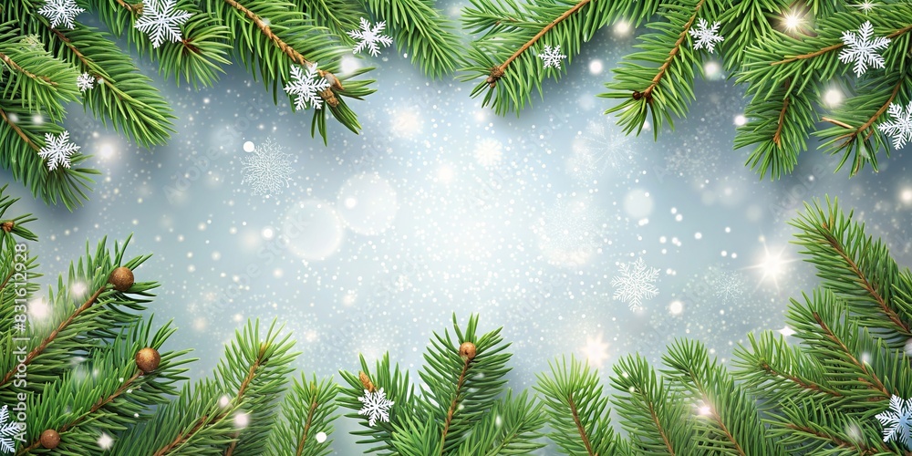 Festive Christmas background with pine branch and snowflakes border, copy space available, realistic