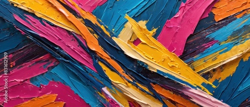 Abstract art with bold, textured colors vibrant pinks, yellows, oranges, blues, and dark tones.