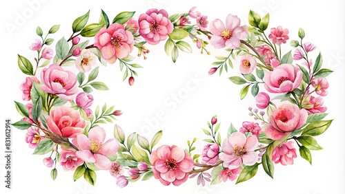 Floral watercolor wreath with pink blossoms isolated on white background