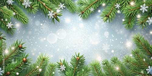 Festive Christmas background with pine branch and snowflakes border  copy space available  realistic