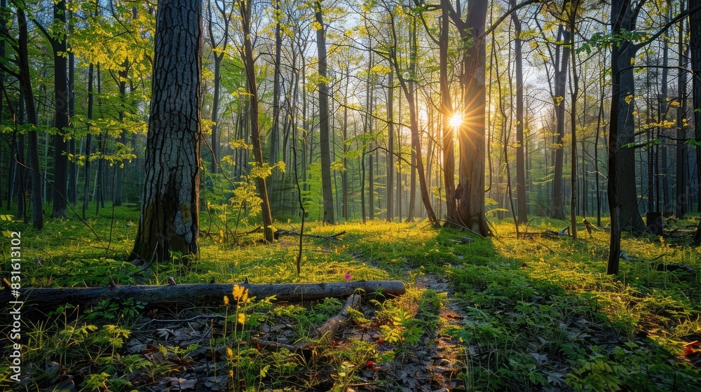 Obraz premium Special perspective of the woods under enchanting sunlight during the spring season