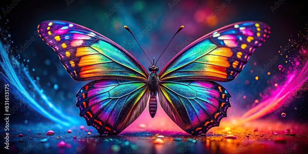 Vibrant and colorful butterfly on a dark neon background