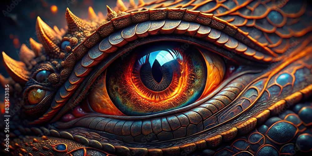 Mystical and dangerous dragon eye up close, showcasing its mythological evil