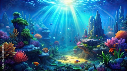 Underwater seascape with vibrant coral reef, diverse marine life, glowing algae, and crystal clear ocean water