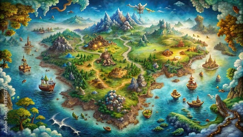 Fantasy world map featuring mystical lands and creatures