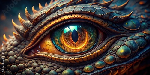 Mystical and dangerous dragon eye up close, showcasing its mythological evil © artsakon