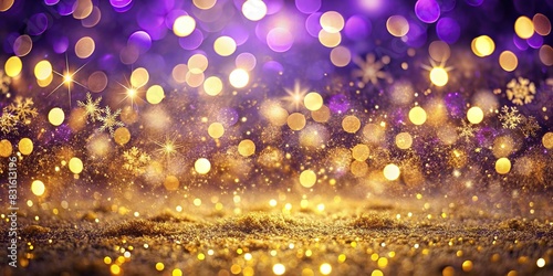 Vibrant violet and gold Christmas backdrop with bokeh effect and golden particles