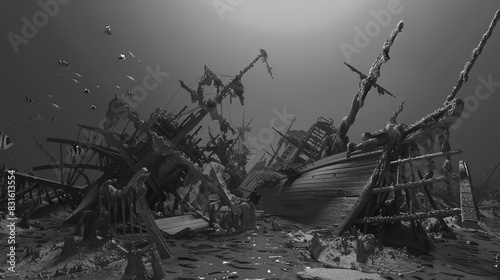 Underwater battlefield flat design front view, historical fantasy, 3D render, black and white  © Thanthara