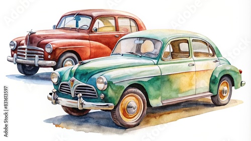 Vintage watercolor cars on white background