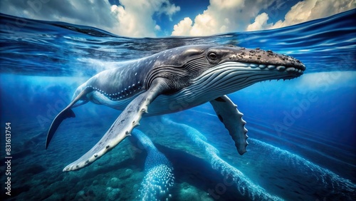 Majestic humpback whale gliding through the deep blue sea