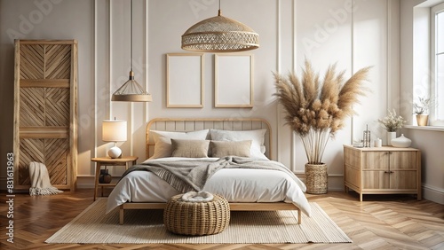 Vertical two frame mockup in boho bedroom interior with wooden floor and white bed, beige blanket, cushion and dried grass, basket and wicker lamp on wall photo