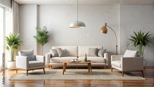 Modern white living room with sofa  chairs  coffee table  and large lamp. Copy space wall for mockup