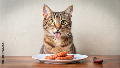 Cute mongrel cat sitting at a table licking his mouth in front of a plate with sausage photo