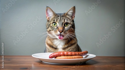 Cute mongrel cat sitting at a table licking his mouth in front of a plate with sausage photo