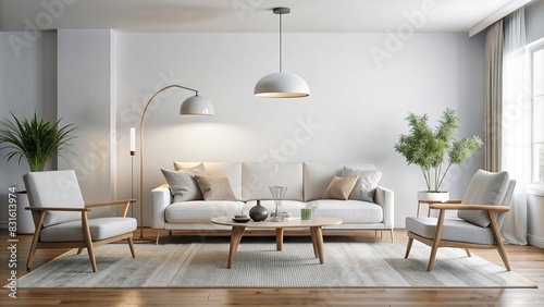 Modern white living room with sofa, chairs, coffee table, and large lamp. Copy space wall for mockup