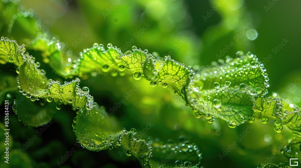Macro shots of dew covered elongated green leaves Macro shots of dew covered elongated green leaves