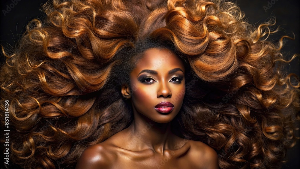 Studio shot of a glamorous African American woman's hair highlighting volume and shine