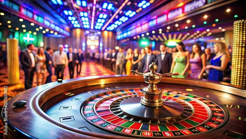 Vibrant casino floor scene with roulette table, bustling atmosphere