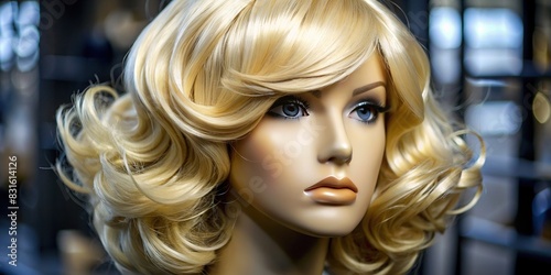 Close-up shot of realistic synthetic wig on black mannequin head, showcasing blonde hair texture and style diversity